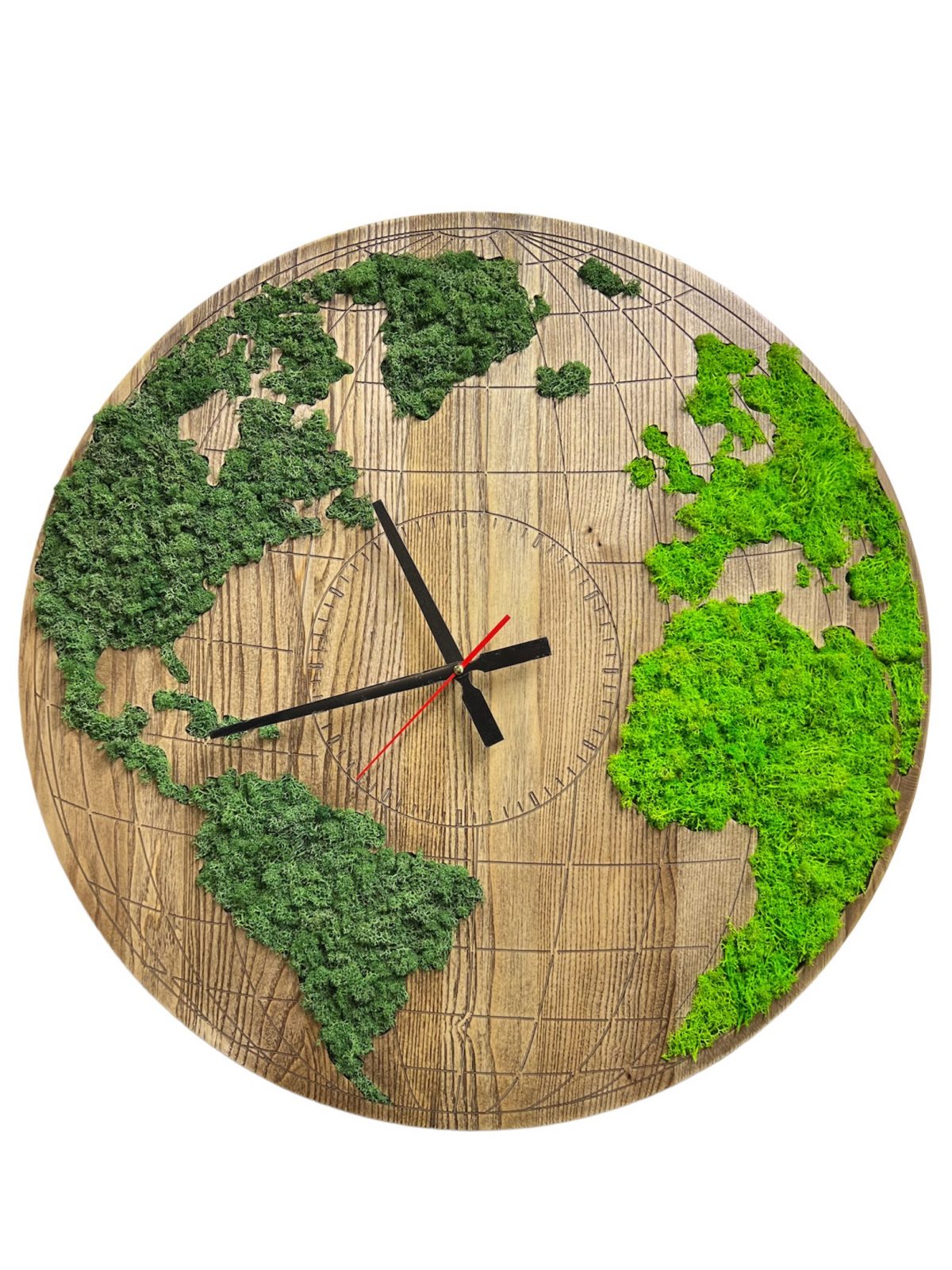 Round Holzuhr Weltkarte mit IslandMoos