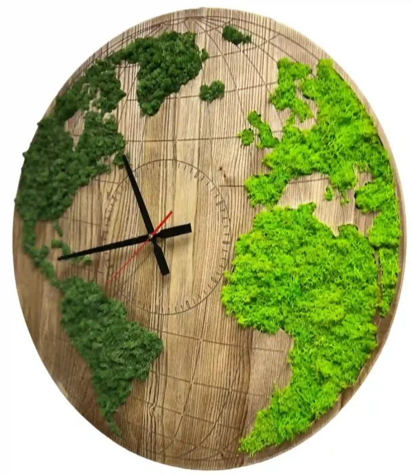 Round Holzuhr Weltkarte mit IslandMoos