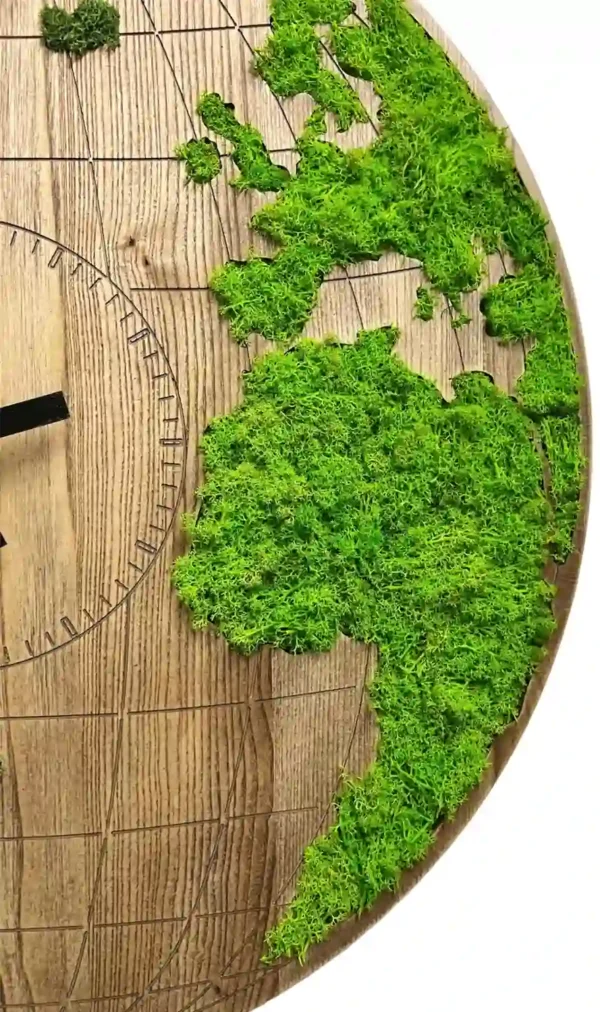 Round Holzuhr Weltkarte mit IslandMoos