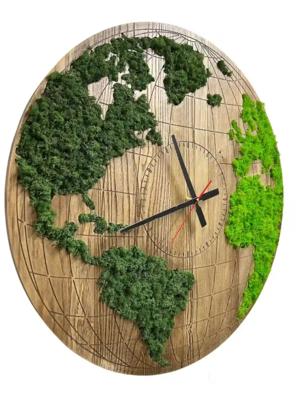 Round Holzuhr Weltkarte mit IslandMoos