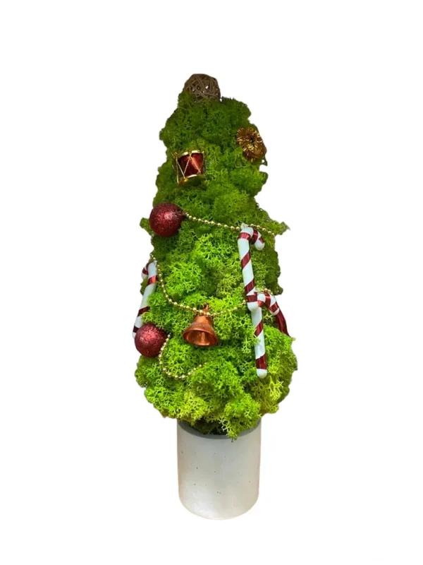 Dekorativer Weihnachtsbaum aus Moos und Ornamenten in einer Vase
