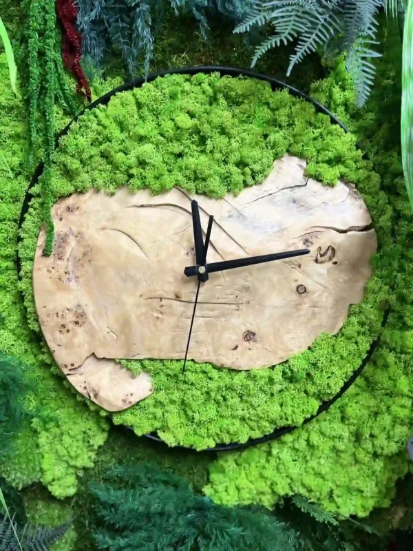 Runde Wanduhr mit Moos Massivholz und Pflanzen