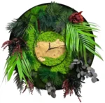 Runde Wanduhr mit Moos Massivholz und Pflanzen