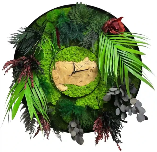 Runde Wanduhr mit Moos Massivholz und Pflanzen