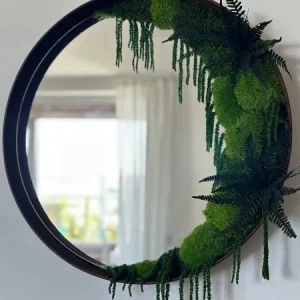 Runde Spiegel mit Kugelmoos und Pflanzen