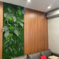 Moos- und Pflanzenpaneele an den Wänden im Wohnzimmer mit grauem Sofa