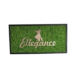 Islandmoos-Wandbild mit 3D-Logo eines Tanzpaares und beleuchtetem Rahmen