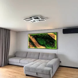 Moosbild mit Holz Akzenten und Pflanzen – Modernes LED Wandbild