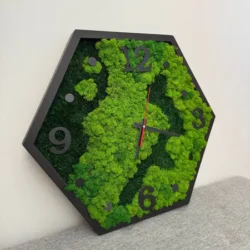 Hexagon Moos Wanduhr Natur-Mix