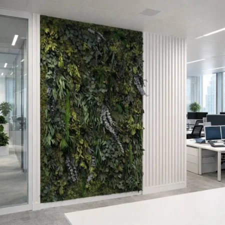 Vertikale Pflanzenwand aus konserviertem Moos, Eukalyptus und Farnen in einem modernen Büro-Interieur neben einer weißen Lamellenwand.