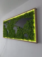Exklusive Weltkarte aus Islandmoos mit Holzkontinenten & LED-Rahmen