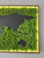 Exklusive Weltkarte aus Islandmoos mit Holzkontinenten & LED-Rahmen