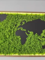 Exklusive Weltkarte aus Islandmoos mit Holzkontinenten & LED-Rahmen