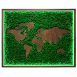 Exklusive Weltkarte aus Islandmoos mit Holzkontinenten & LED-Rahmen