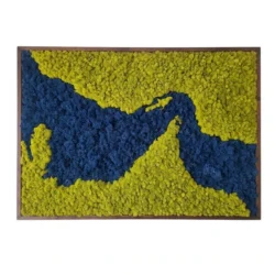 Moosbild Straße von Hormus: Grünes Land, blaues Wasser, Holzrahmen.